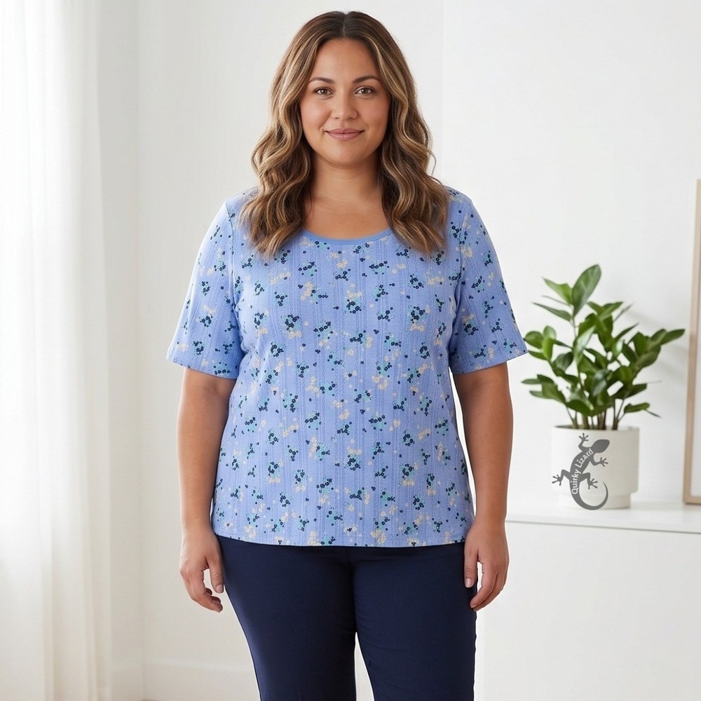 Woman‎ Within Top Womens 30/32 Blue Floral Pointelle Scoop Neck Short Sleeve NWT
